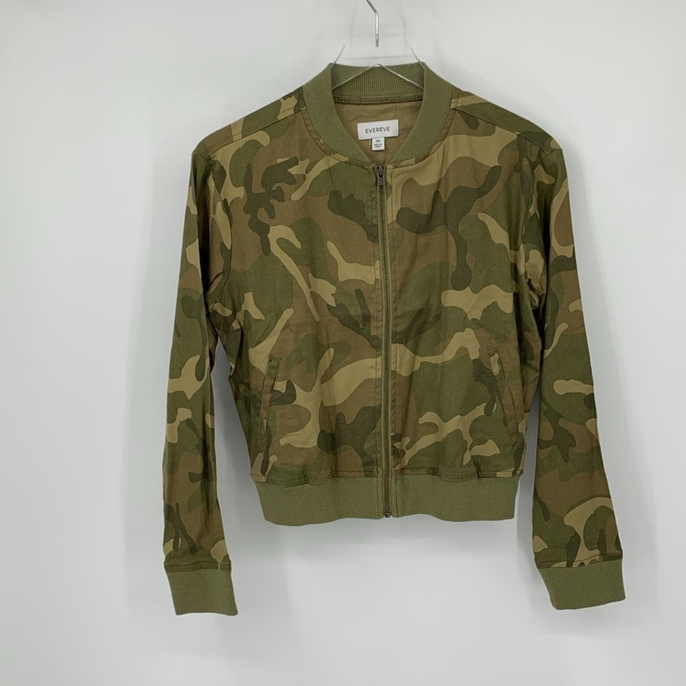 Evereve bomber jacket coat green camo linen blend zipper lightweight new X-Small
